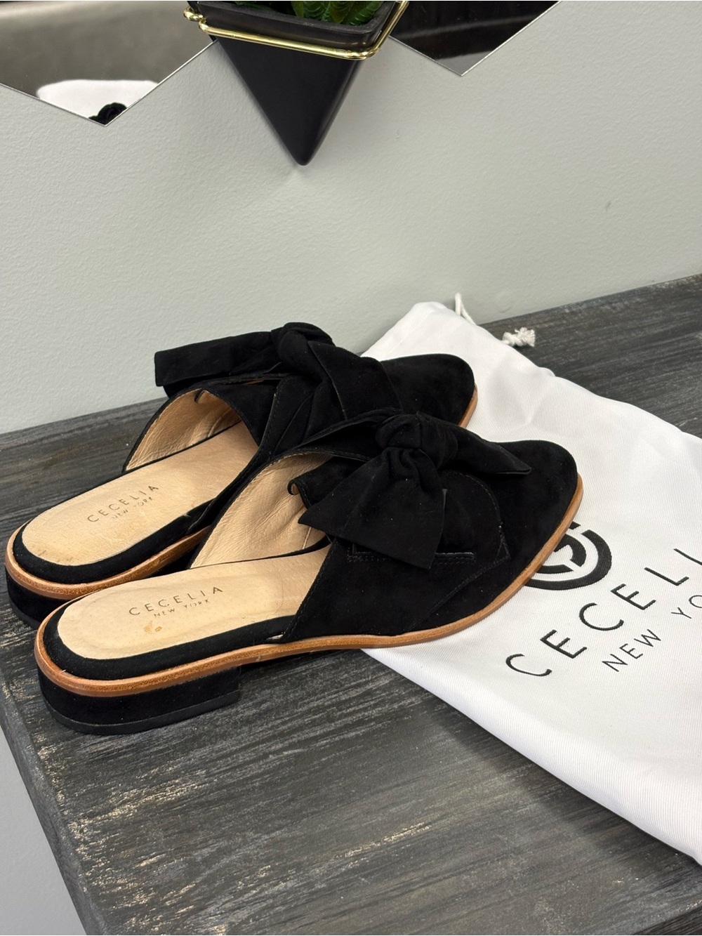 CECELIA NEW YORK Black Suede Bow Mule Slides
